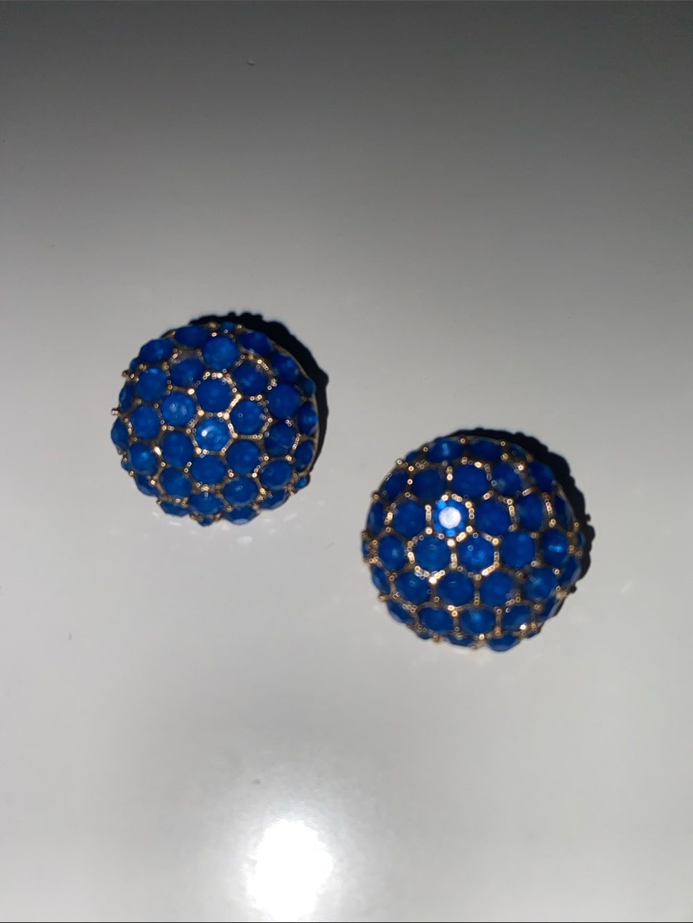 Blue Dome Cluster Stud Statement Gold Tone Earrings